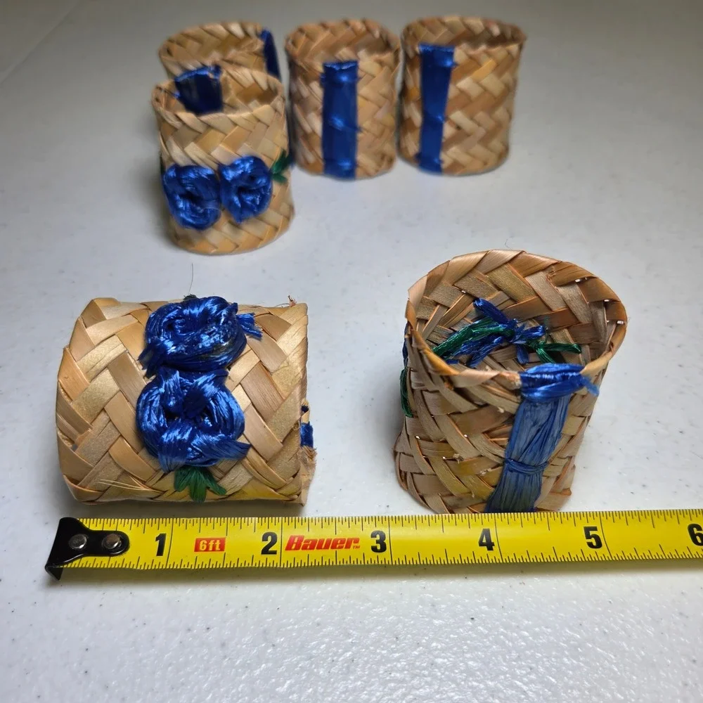 Vintage‎ Rattan Wicker Flower Napkin Rings Blue Hawaii Style Set of 6